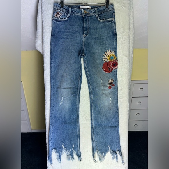 Zara Denim - ZARA Trafaluc Denim Floral Embroidered Distressed Flare Jeans 4 Boho Festival
